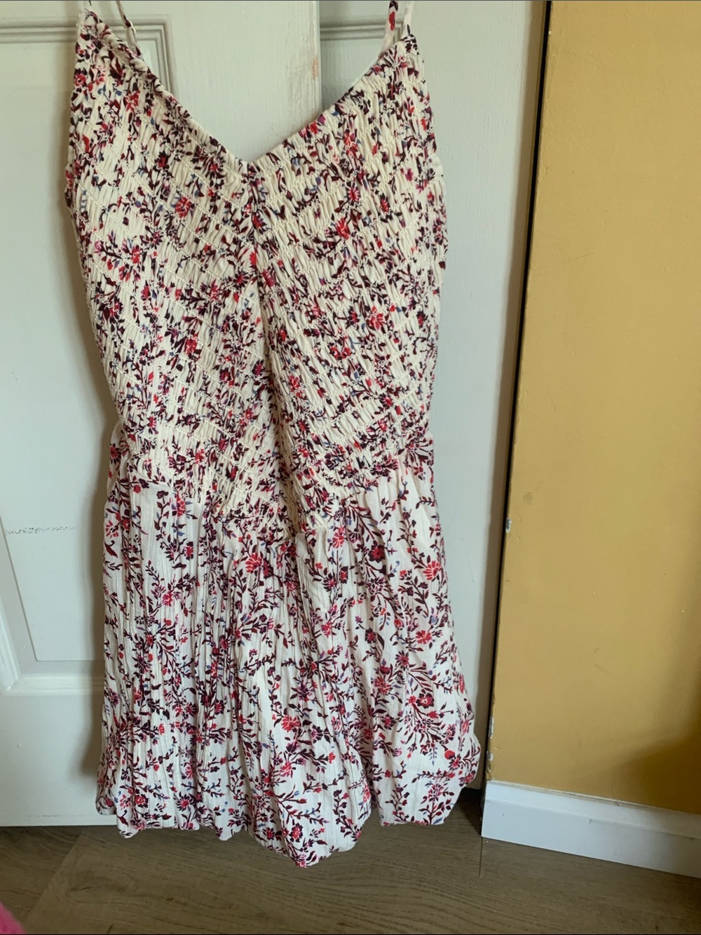 American eagle Floral Smocked Spaghetti Strap Dress in Cream and Red